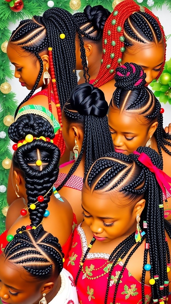 A collage of traditional Nigerian Christmas hairstyles with beads and festive accessories.